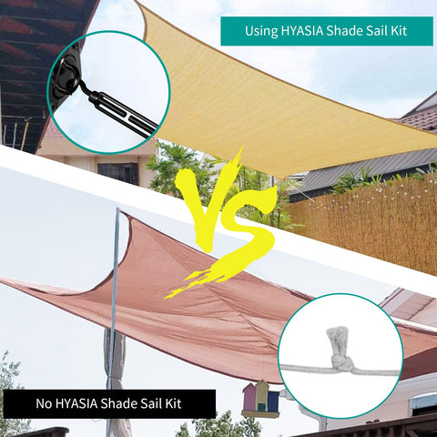 Comparison of sun shade installation with and without Pro Grade Heavy Duty 6 Inch 304 Stainless Sun Shade Hardware Kit