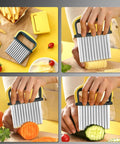 Two-piece stainless steel crinkle cutter with yellow handle for crinkle-cut fries and vegetables (front, side, close-up views).