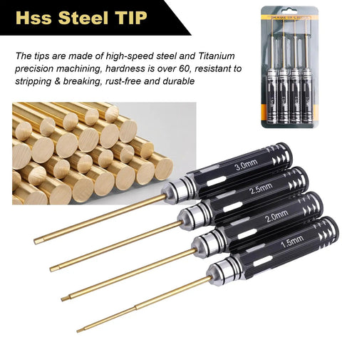 Titanium Hex Screwdriver Set With 1.5mm 2.0mm 2.5mm 3.0mm Bits, 4-Way RC Wrench, Screw Tray, End Cap Handle, Pro Grade Allen Keys