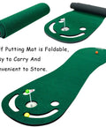 Indoor and Outdoor Golf Putting Practice Mat Set With 78 By 24 Inch Realistic Green, shown rolled and unrolled with training flags