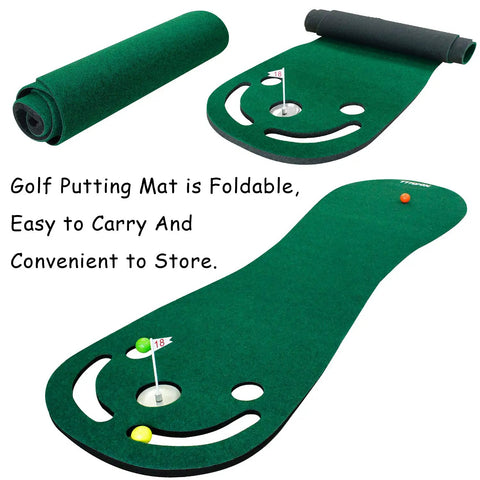 Indoor and Outdoor Golf Putting Practice Mat Set With 78 By 24 Inch Realistic Green, shown rolled and unrolled with training flags