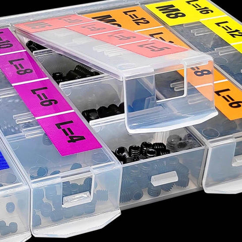 707 Piece Internal Hex Drive Cup Point Set Screw Kit With 24 Metric Sizes M2 Through M8 In Black Finish Alloy Steel 12 9 Class Grub Screws Includes Hex Key Wrench For Quick Securements And Precise Tension visible in labeled organizer box