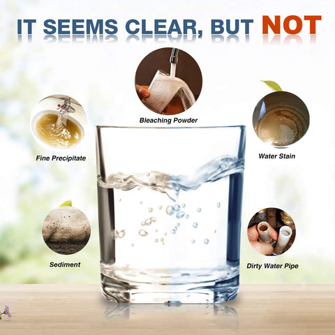 Glass of water with labels sediment, fine precipitate, bleaching powder, water stain, dirty water pipe, illustrating impurities