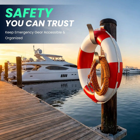 Rock-Solid 304 Stainless Steel Life Buoy Holder Mount on dock with boat, adjustable 18 to 30 inches, universal fit marine safety bracket.