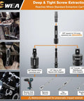 Illustration showing 15 Piece Bolt And Screw Extractor Set With Long Slim CRMO Steel Build One Quarter Inch Hex Reach For Tight Deep Spaces