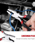 Hand using 6-inch linesman pliers from 7 Piece Pliers Set With Slip Joint Long Nose Diagonal Groove Joint Linesman Mini Long Nose Pliers Dipped Handles Forged Steel Heavy Duty Grip Hardened Cutting Edges For Tough Jobs And Secure Grips