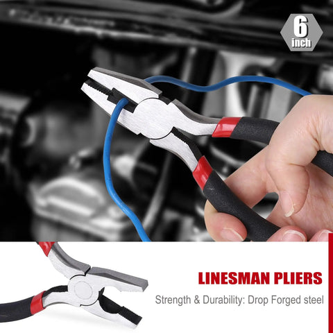 Hand using 6-inch linesman pliers from 7 Piece Pliers Set With Slip Joint Long Nose Diagonal Groove Joint Linesman Mini Long Nose Pliers Dipped Handles Forged Steel Heavy Duty Grip Hardened Cutting Edges For Tough Jobs And Secure Grips