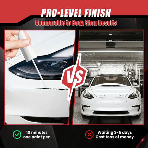 Pearl White Multi Coat PPSW Touch Up Paint For Tesla Model Y, 3, X, S 0.4 Fl Oz Scratch Repair Pen 2 In 1 being used on a car bumper