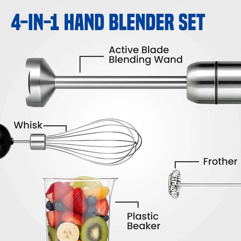 Top Shelf 4 In 1 Immersion Hand Blender Set That Features An 800W Motor And Eight Quick Gears for blending wand, whisk, and beaker.