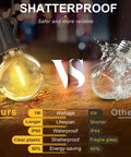 Comparison of shatterproof G40 LED globe bulb with fragile glass bulb for 50Ft Outdoor Patio String Lights With G40 LED Globe Bulbs Waterproof UL Listed Connectable Hanging Lights For Backyard Porch Balcony And Christmas Party Dimmable Shatterproof Plastic Bulbs With 2 Spare.