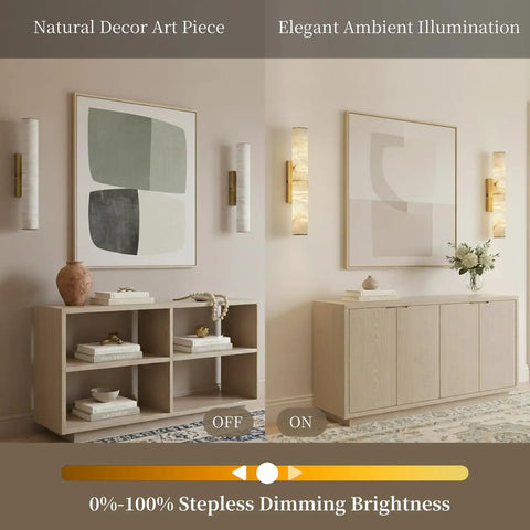 Brushed Brass And Natural Alabaster Wall Sconces Set Of Two casts a super chill ambient glow in a modern living space.