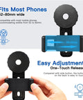 Smartphone Telescope Adapter Mount for 16-50mm Eyepieces shown with adjustable clip for phones 52-80mm wide.