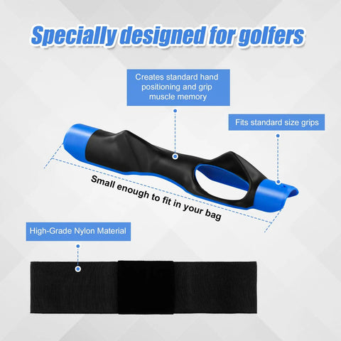 Golf Grip Trainer And Swing Corrector Arm Band Training Combo shown with grip and nylon band design details