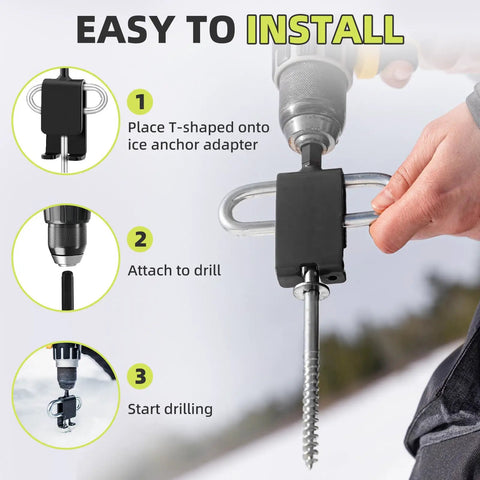 Universal Ice Anchor Drill Adapter For Ice Fishing Shelters And Auger Bolts attached to drill showing installation steps