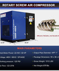 Front and side view of blue Heavy Duty 30 HP Rotary Screw Air Compressor With 123 CFM At 125 PSI, 460V 3 Phase Industrial Air System.