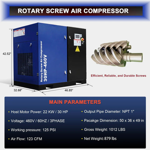 30HP Rotary Screw Air Compressor Pump 123 CFM At 125 PSI 460V Three Phase Industrial System With Low Noise Design For Continuous Duty Factory Workshop Use And Production Line Heavy Equipment Operations