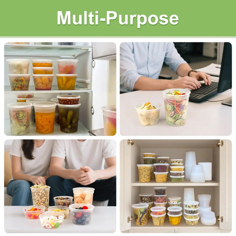 Multi-purpose uses of 60 Complete Deli Container Sets With Lids, 32 16 8 Oz, 120 Pieces Total, Leak Proof BPA Free Airtight Takeout Storage.