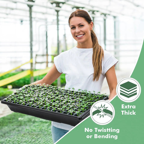 Person holding Upgraded 10 Pack Plant Growing Trays for Seed Starting and Microgreens No Holes No Leakage Durable Reusable Plastic