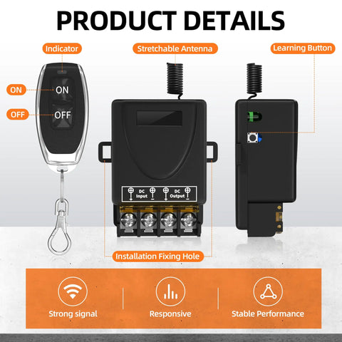 Wireless Remote Switch With 30A Relay For 8V 12V 24V 48V 72V And 86V DC Systems, RF Remote Control details and components