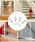 Heavy Duty M10 Threaded Spindle Rods For Baby Safety Gates 4 Pack White Replacement Mounting Bolts with safety gate in background.