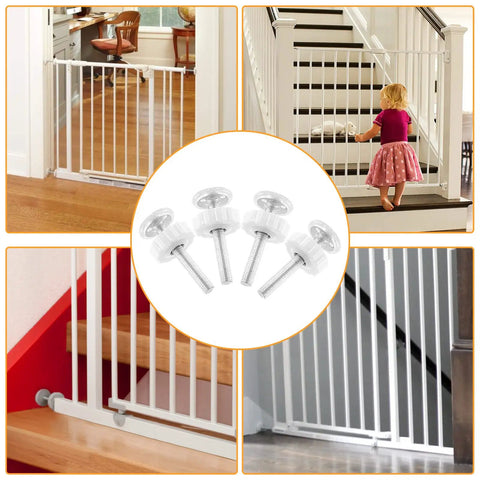 Heavy Duty M10 Threaded Spindle Rods For Baby Safety Gates 4 Pack White Replacement Mounting Bolts with safety gate in background.