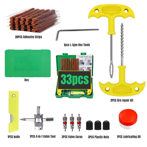Heavy Duty Universal Tire Plug Kit With 33Pcs Puncture Repair Tools For Cars Motorcycles ATVs Tractors and More