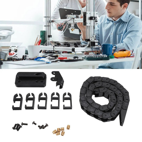 3D Printer Drag Chain 16.9 Inch Kit For Bamboo P1P Cable Carrier with hardware, ABS material, components displayed