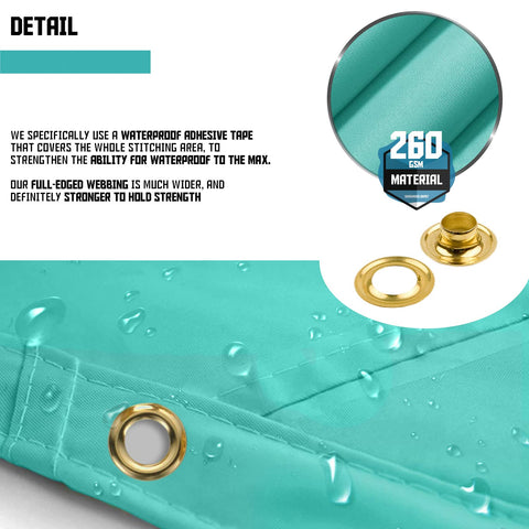 Close-up of 8x28 Foot Waterproof Shade Cloth With Grommets Sun Shade Sail Rectangle Turquoise 260 GSM with water droplets.