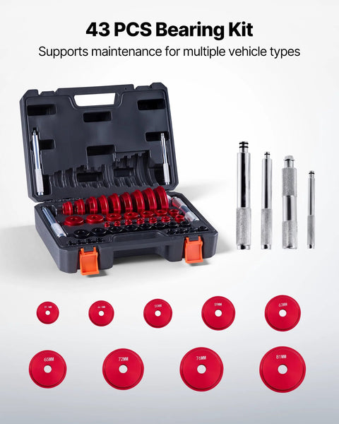 Bearing Press Kit 43 Pcs Bearing Race And Seal Driver Set with red bushings, tools, and storage case, shown open