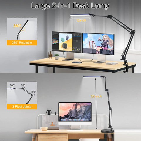 LED Desk Lamp With Clamp And Base Two In One Desk Light with 50.7 Inch Adjustable Arm shown on desk with monitors