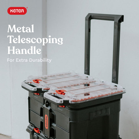 Four Piece Rolling Tool Storage System With Large Rolling Toolbox And Two Drawer Toolbox And Two Tray Organizers Interlocking Modular Stackable Tool Storage On Wheels For Garage And Shop with metal telescoping handle