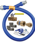 Safety System Kit Three Quarters Inch Diameter Blue Gas Hose 48 Inch Long With Standard Snap Quick Disconnect Two Elbows Full Port Valve Stainless Steel Braided OEM Replacement Part Built Tough with accessories.