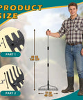 Man holding a 2-In-1 49 Inch Metal Garden Rake showing product size and 17-tine head for weeding and loosening soil.