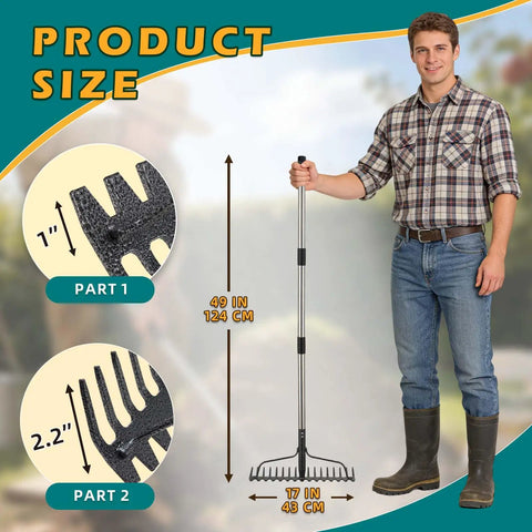 Man holding a 2-In-1 49 Inch Metal Garden Rake showing product size and 17-tine head for weeding and loosening soil.