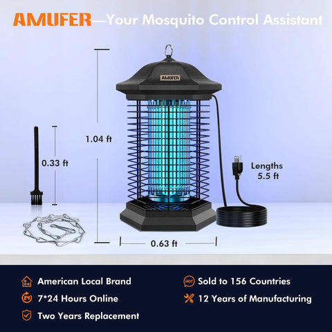Bug Zapper Outdoor Indoor 18W Power 4400V Grid Mosquito Trap For Patio Backyard Home with measurements and power cord visible.