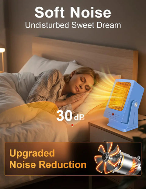 Portable Indoor Space Heater For Desk And Office, 2-Second PTC Fast Heating, quiet operation by a sleeping person in bed.