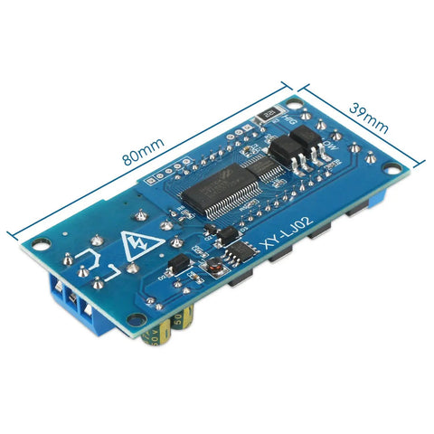 Back view of Time Delay Timer Relay with LCD Display for 5V 12V 24V Systems, showing circuit and dimensions, 80mm x 39mm.