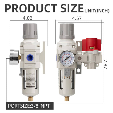 Industrial Air Compressor Filter Regulator Combo Three Eighth Inch NPT 0-150 PSI Gauge With Semi Auto Drain Front View