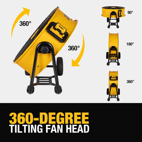 Beefy Workhorse 24 Inch Industrial Drum Fan With High Velocity Airflow, 360 degree tilt feature, metal floor fan, yellow