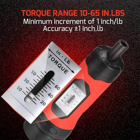 Premium 1/4 Inch Drive Preset Torque Screwdriver Set Adjustable 10-65 In-Lbs Click showing torque range and accuracy features.