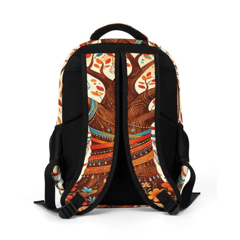 Back of Unisex Vintage Ethnic Floral Tree Pattern Backpack With Large Capacity, durable polyester, breathable straps, smooth zipper