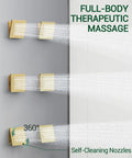 Premium Dual Head Rainfall Shower System With Twenty Six Custom Spray Settings Sweet Brushed Gold Finish features therapeutic massage jets.