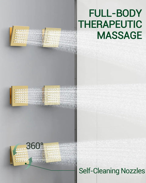 Premium Dual Head Rainfall Shower System With Twenty Six Custom Spray Settings Sweet Brushed Gold Finish features therapeutic massage jets.