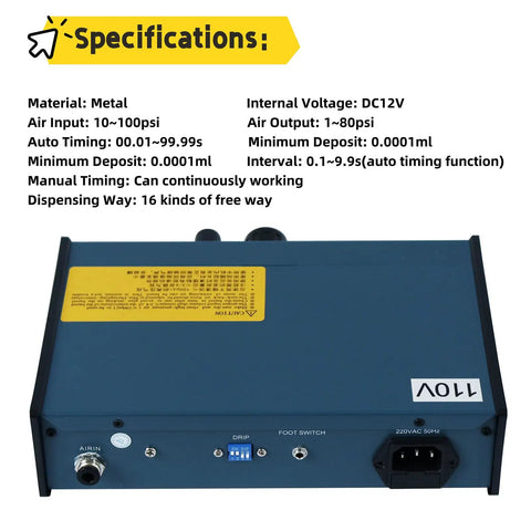 Specifications of 110V Automatic Glue Drip Dispenser for Electronics with 983A Controller and digital display for precise bonding.