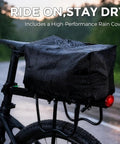 13L Expandable Bike Rack Bag With Rain Cover Rear Trunk Pannier For E Bikes And City Rides, mounted on a bike in rain