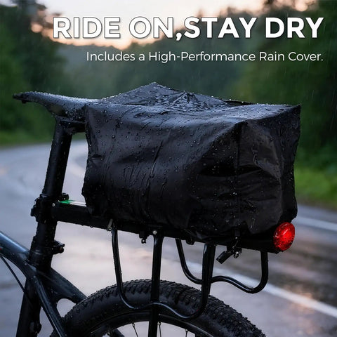 13L Expandable Bike Rack Bag With Rain Cover Rear Trunk Pannier For E Bikes And City Rides, mounted on a bike in rain