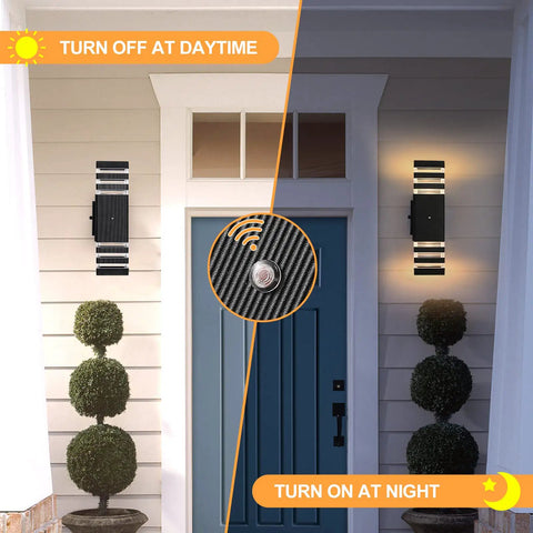 Dusk To Dawn Outdoor Light With GFCI Outlet And Two Outlets IP65 Waterproof Rust Resistant Porch Light on house facade at day and night
