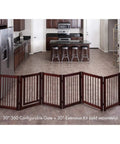 Extension Kit For 360 Configurable Walk Through Folding Pet Gate In Walnut Finish, setup in kitchen, expands 36 inches