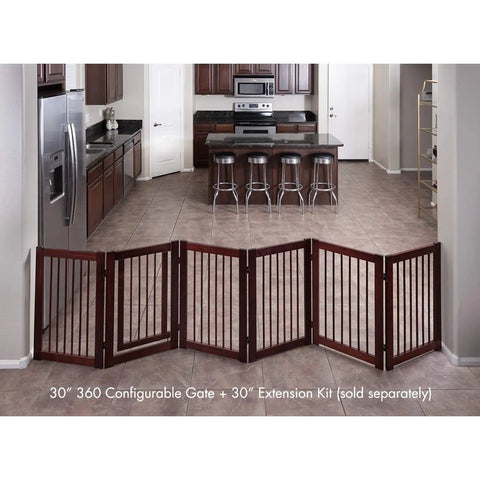 Extension Kit For 360 Configurable Walk Through Folding Pet Gate In Walnut Finish, setup in kitchen, expands 36 inches