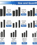 370 Piece Roll Pin Kit With SAE Slotted Spring Pins In 10 Common Sizes From 1/16 To 3/8 Inch For Home Improvement And Auto Repair, Durable Quick-Fix Fasteners, Great For Mechanical Projects And General Maintenance: size chart with black pins